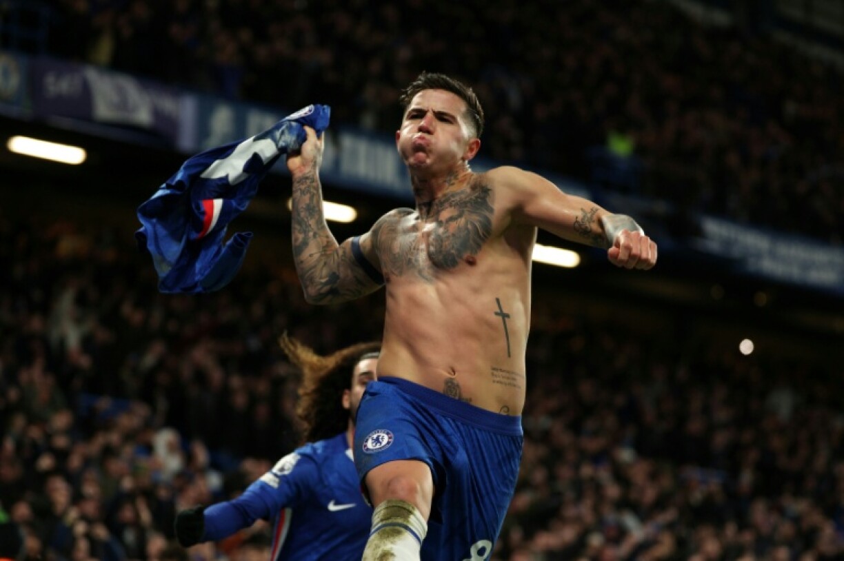 Le joueur argentin Enzo Fernandez célèbre son but qui a donné la victoire à Chelsea contre West Ham, le samedi 31 janvier 2026, à Londres