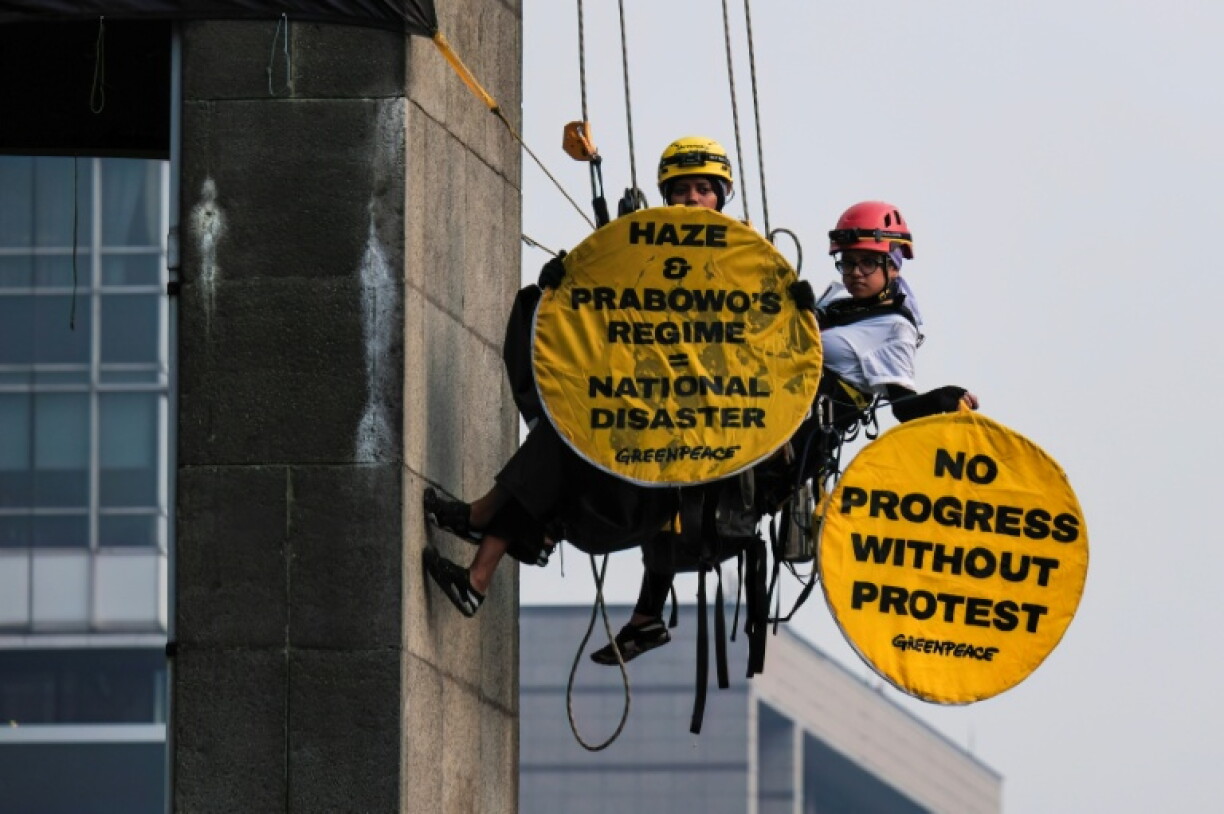 Jakarta police detained six Greenpeace activists who had draped a protest banner and posters from a monument on the central Bundaran HI roundabout