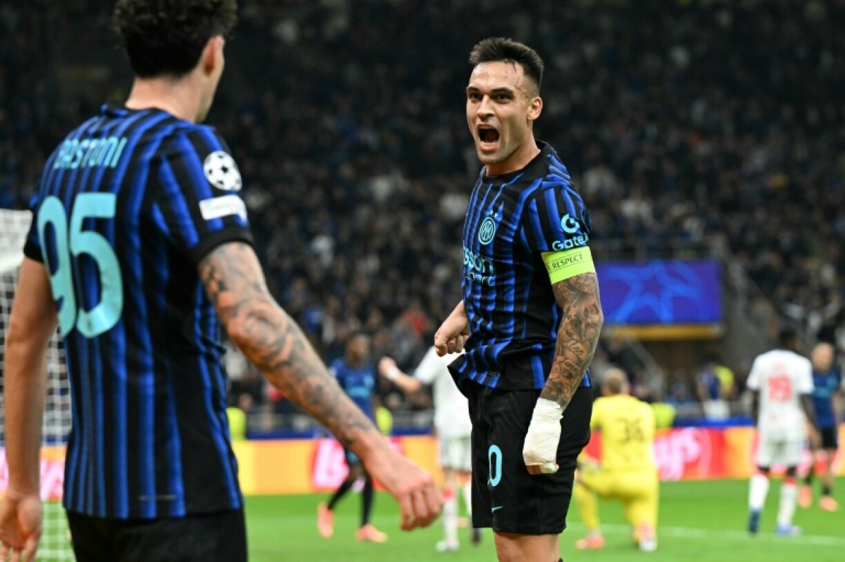 Lautaro Martinez celebrates scoring Inter Milan's third goal against Slavia Prague