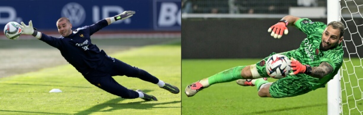 Combophoto représentant Lucas Chevalier (à gauche)le 2 juin 2025 à Clairefontaine et Gianluigi Donnarumma le 9 novembre 2024 à Angers