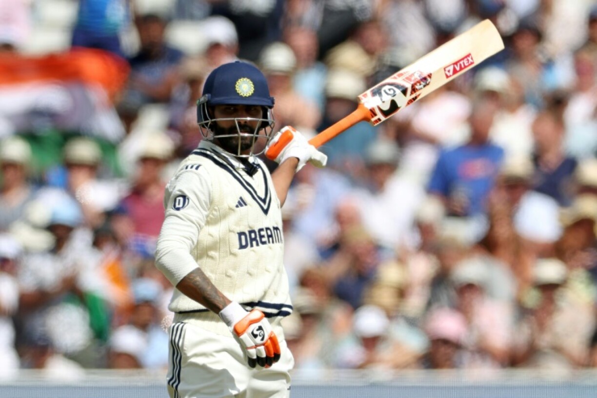 India's Ravindra Jadeja celebrates his fifty in the second Test against England at Edgbaston