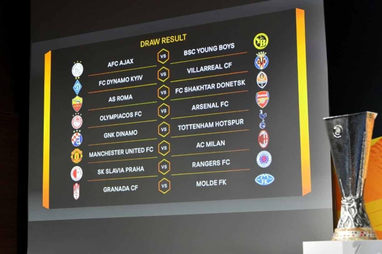 Tableau du tirage au sort des 8es de finale de la Ligue Europa à Nyon, le 26 février 2021