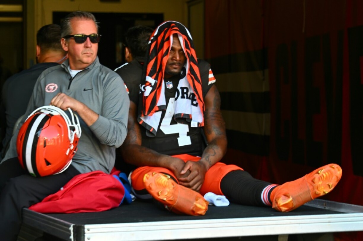 Cleveland Browns quarter Deshaun Watson is taken off the field on a cart after an Achilles tendon injury in an NFL game against the Cincinnati Bengals in October 2024