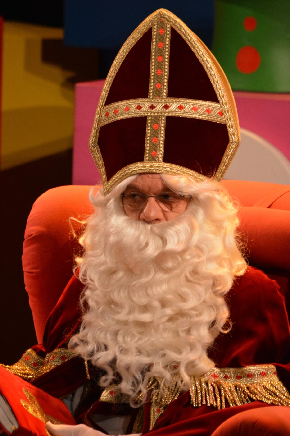Saint Nicholas is easily recognisable by his mitre, the traditional headdress of bishops.