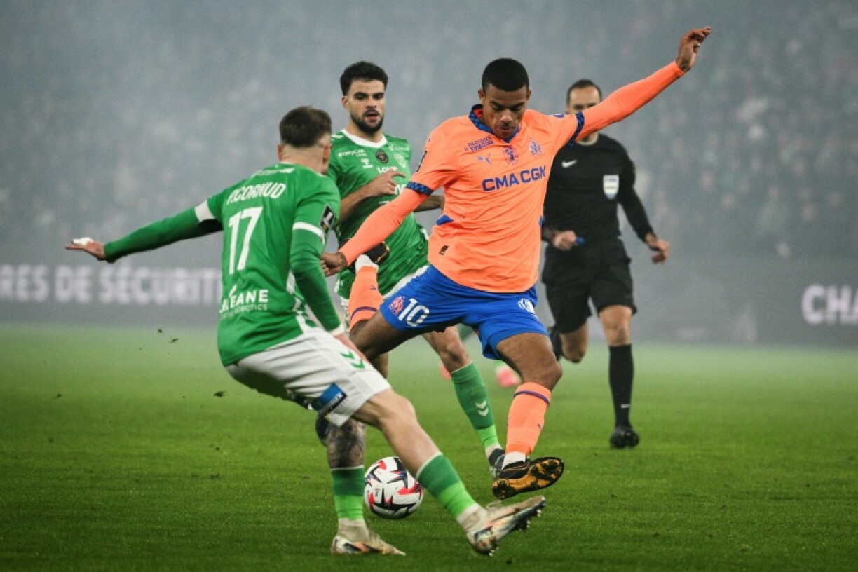 Marseille's Mason Greenwood (R) in action during his team's 2-0 win at Saint-Etienne in Ligue 1 on Sunday