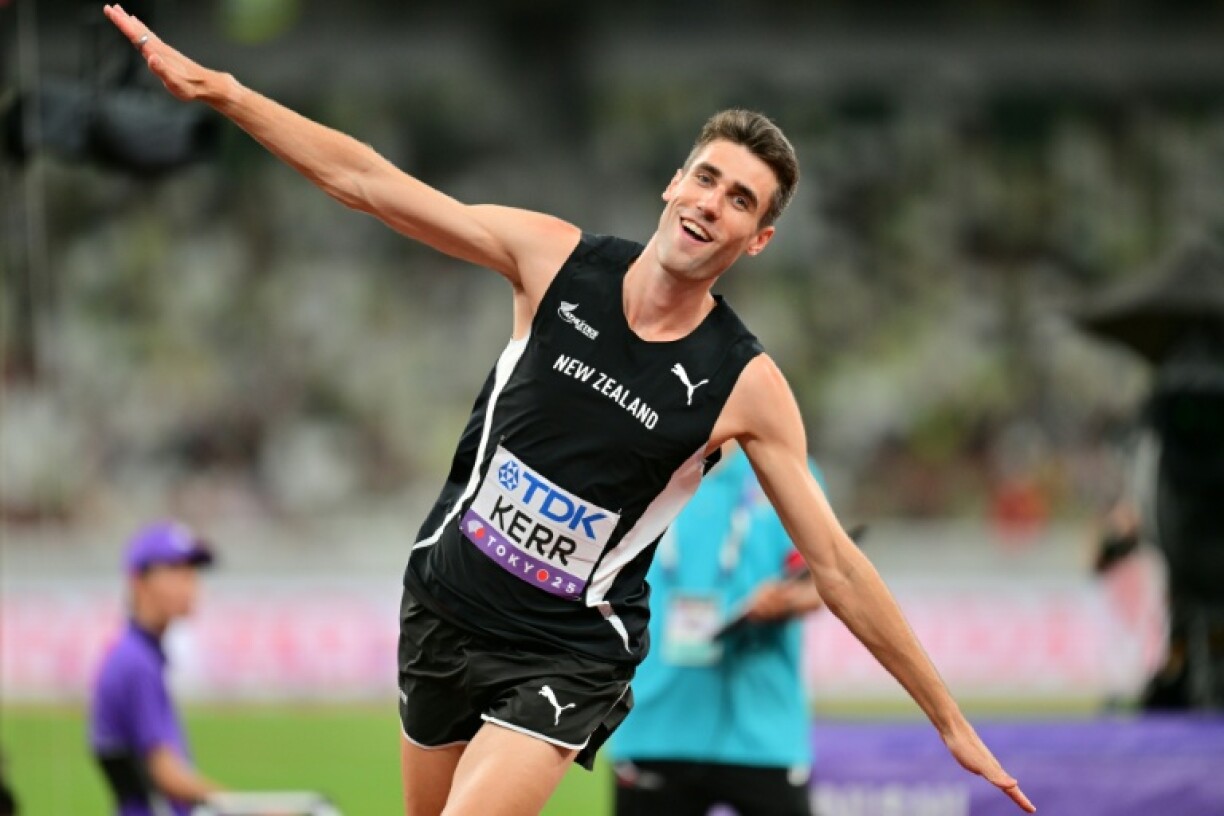 New Zealand's Hamish Kerr celebrates after winning the men's high jump final