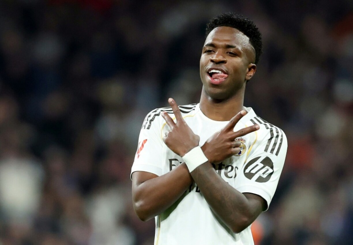 L'attaquant du Real Madrid Vinicius Junior célèbre son deuxièmé but inscrit face à la Real Sociedad, à Madrid, le 14 février 2026
