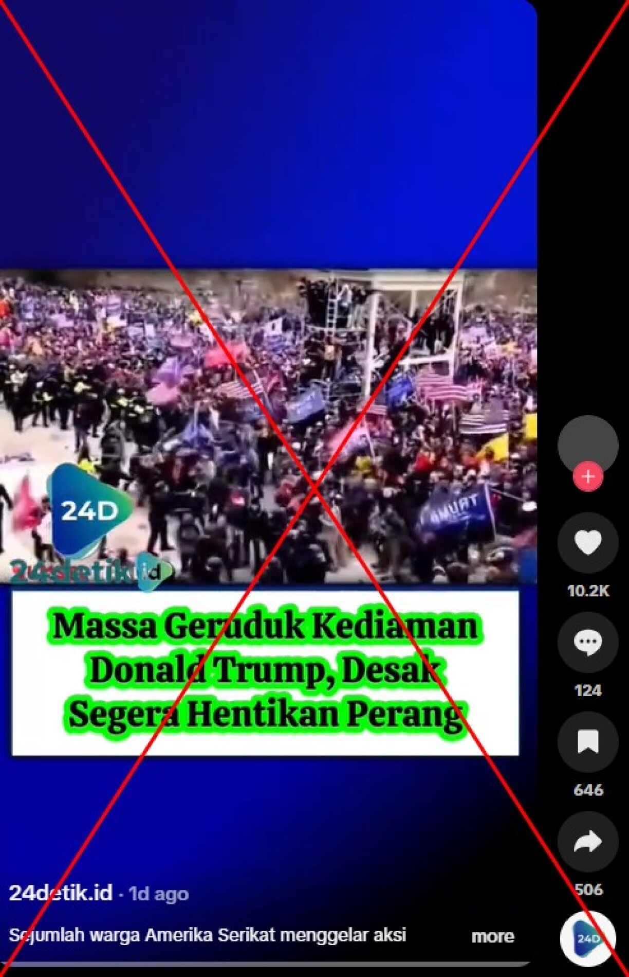 Screenshot of the false post captured on March 31, 2026, with a red X added by AFP