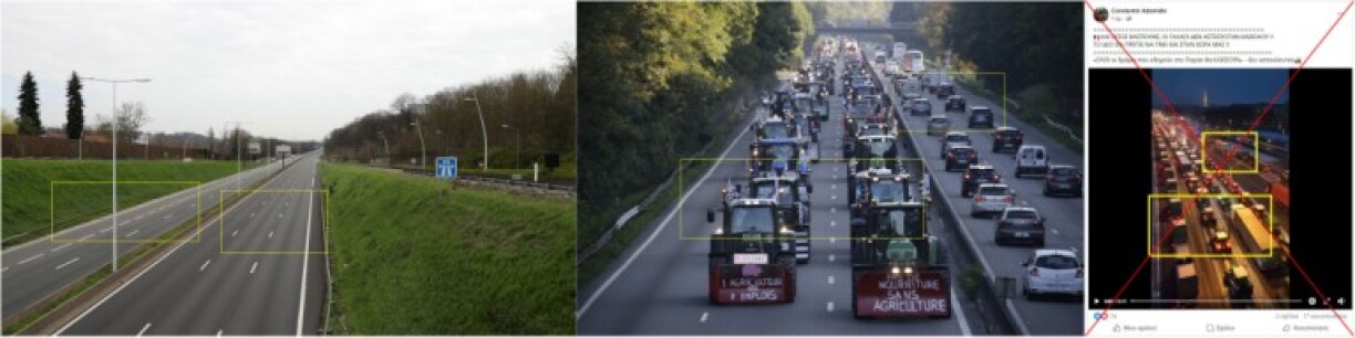 Vergleich zweier AFP-Fotos der Autobahn A13 aus den Jahren 2020 (links) und 2015 (Mitte) und eines Screenshots des Videos mit der Behauptung (rechts), gelbe Hervorhebungen und rotes Kreuz von AFP hinzugefügt: 15. Januar 2026.