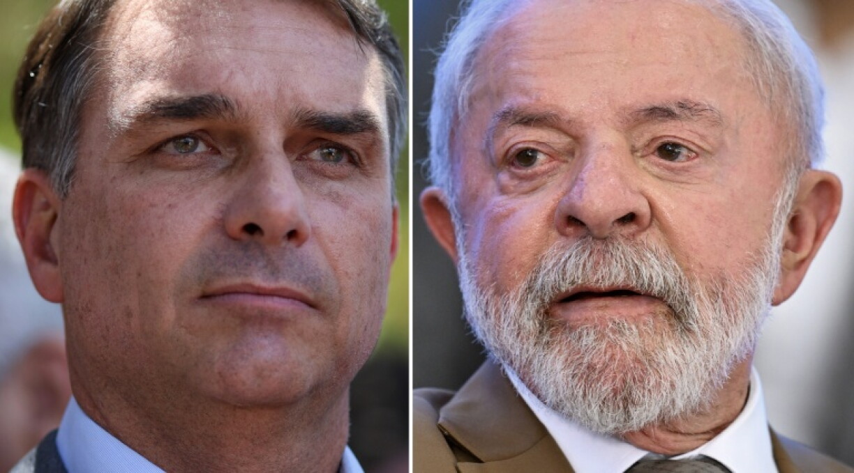 Le sénateur conservateur Flavio Bolsonaro le 7 octobre 2026 (gauche) et le président de gauche Lula le 12 mars 2026 (droite)