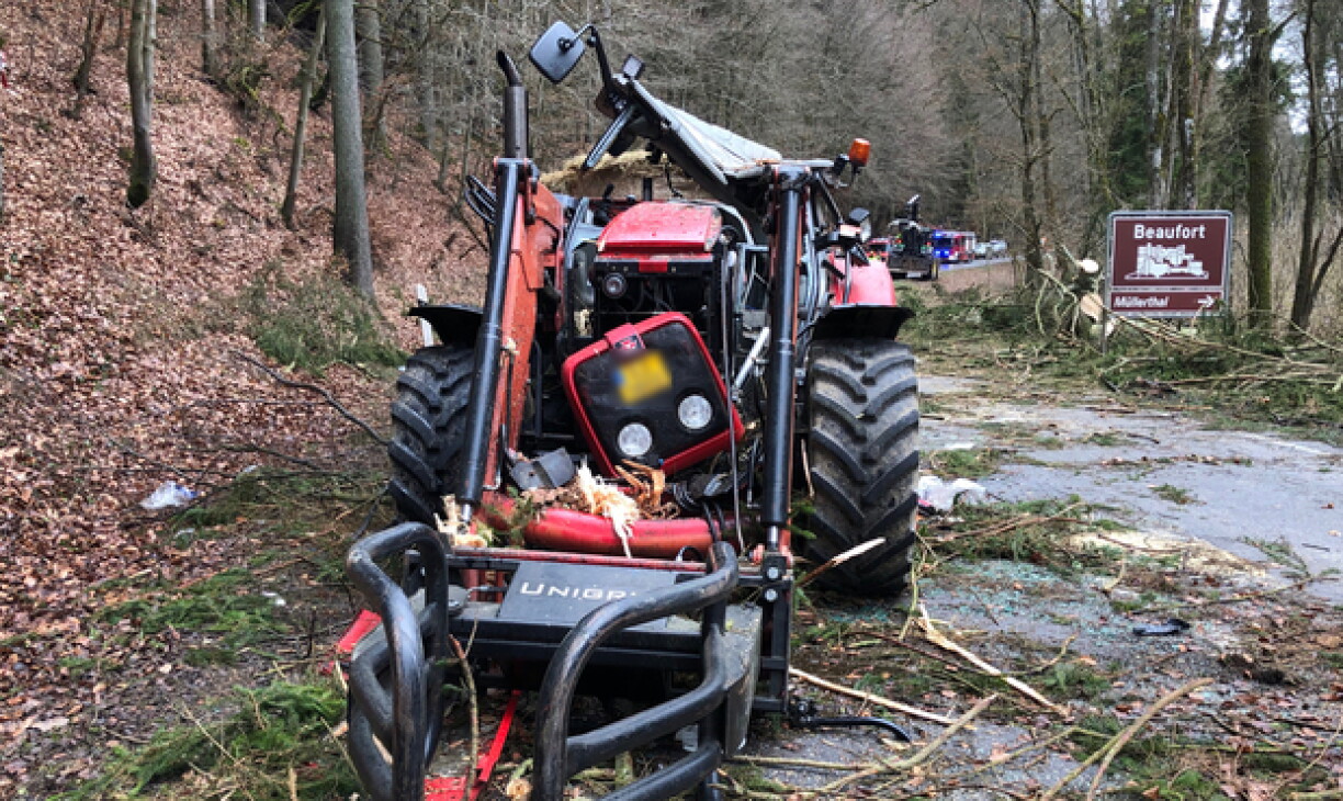 Le tracteur qui a été écrasé sous le poids de l'arbre.
