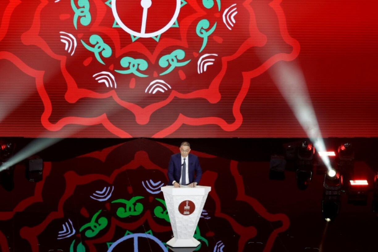 Royal Moroccan Football Federation president Fouzi Lekjaa speaks during the 2025 Africa Cup of Nations draw ceremony in Rabat.