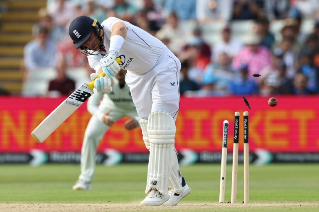 England's Joe Root is bowled by India's Akash Deep in the second Test at Edgbaston