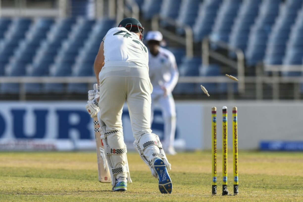 Cameron Green of Australia bowled by Jayden Seales of West Indies during the 1st day of the day/night 3rd Test between West Indies and Australia in Kingston, Jamaica
