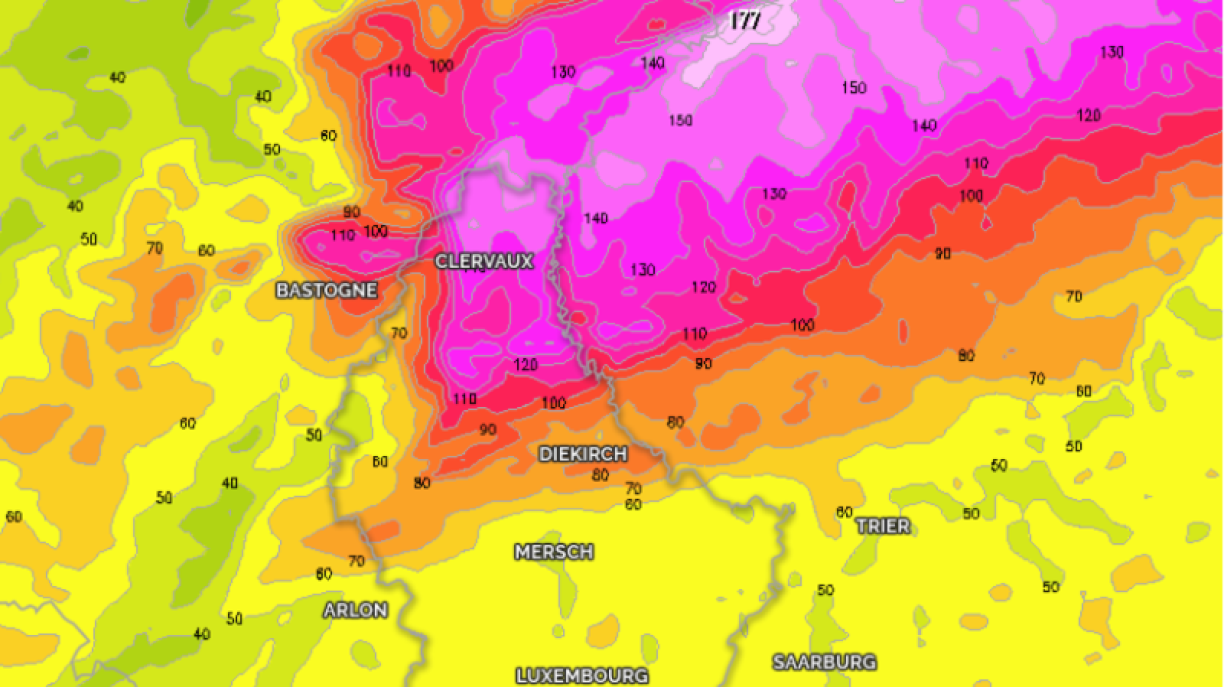 Um Wiederradar vu Kachelmannwetter kann een um 13 Auer gesinn, dass géint 16-17 Auer Wandvitesse bis 150 km/h méiglech sinn am Éislek.