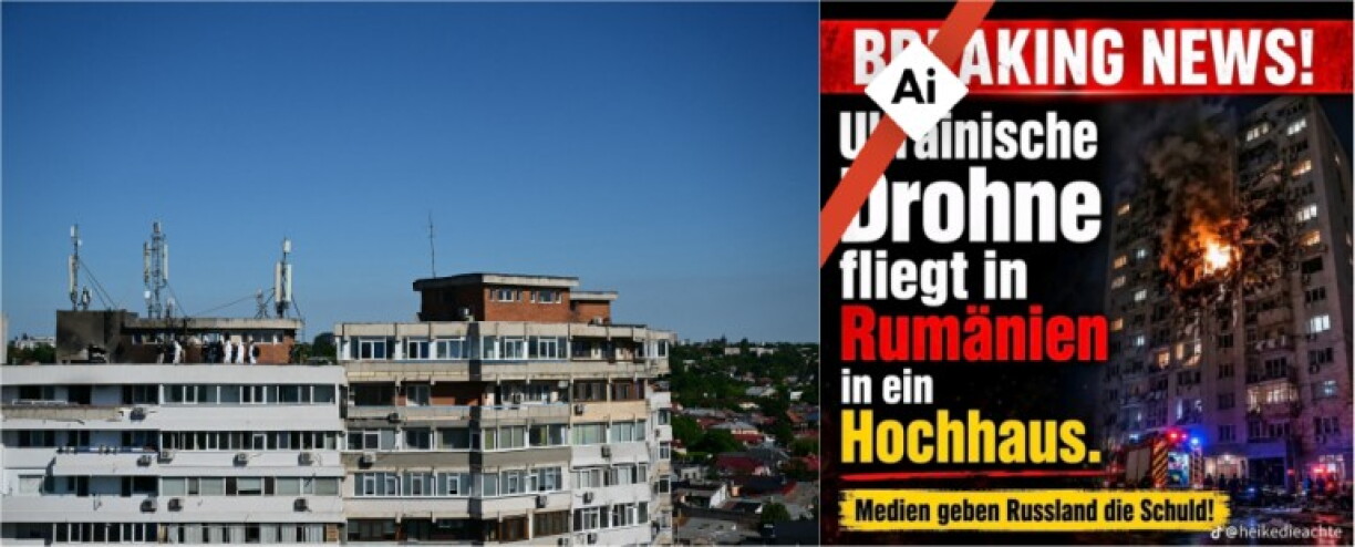 Schäden des Drohneneinschlags im obersten Stock eines Wohnhauses in Galati (links) im Vergleich zum kursierenden KI-generierten Bild (rechts), Ai-Kennzeichnung von AFP hinzugefügt: 10. Juni 2026