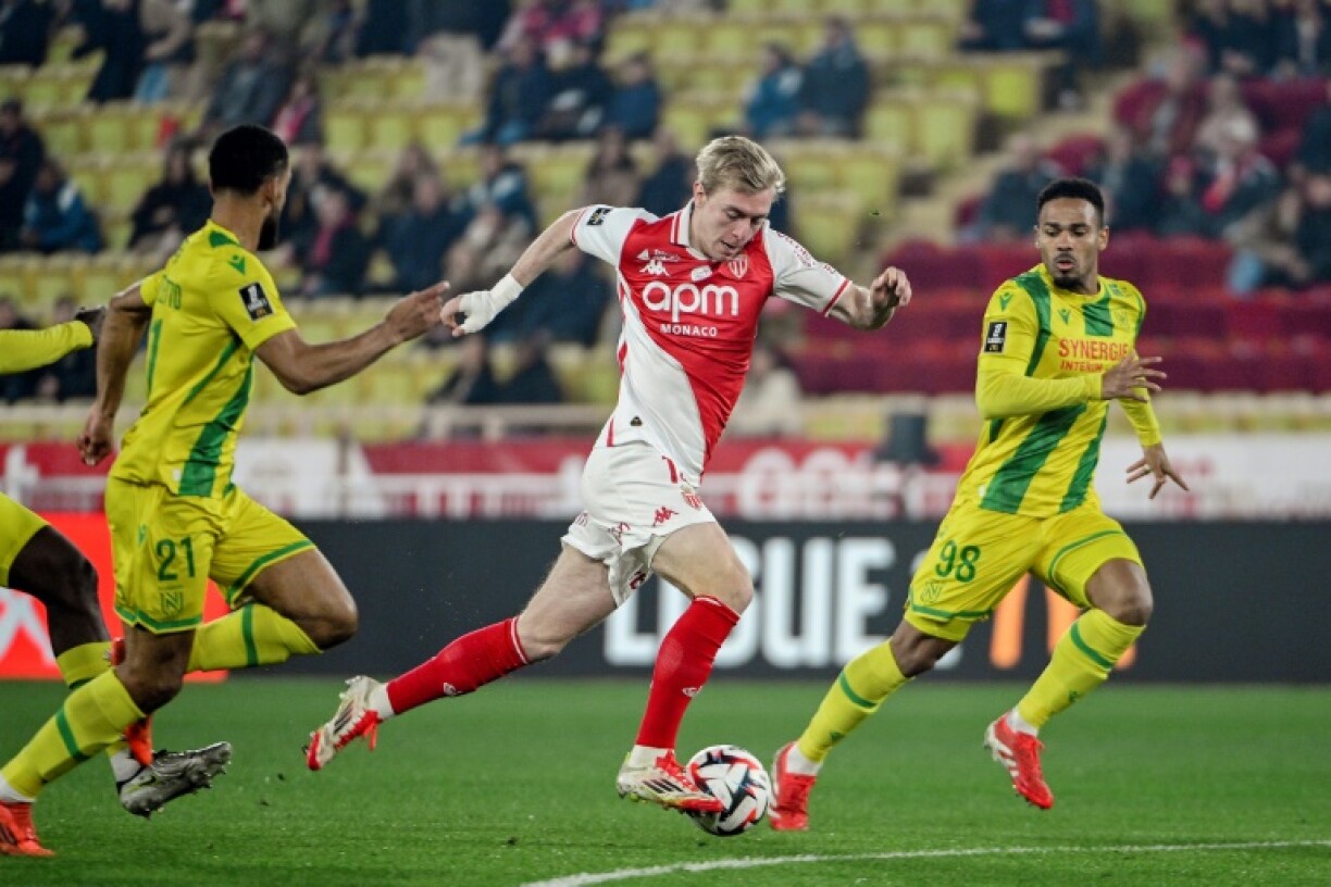Mika Biereth (C) scored his second hat-trick in three Ligue 1 games as Monaco beat Nantes 7-1
