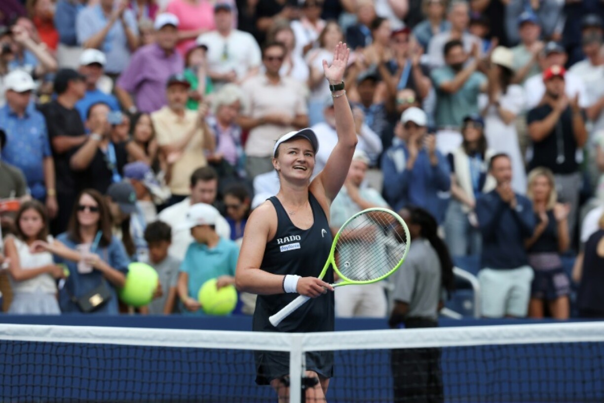Czech Republic's Barbora Krejcikova celebrates after winning her thrilling fourth round clash with Taylor Townsend at the US Open