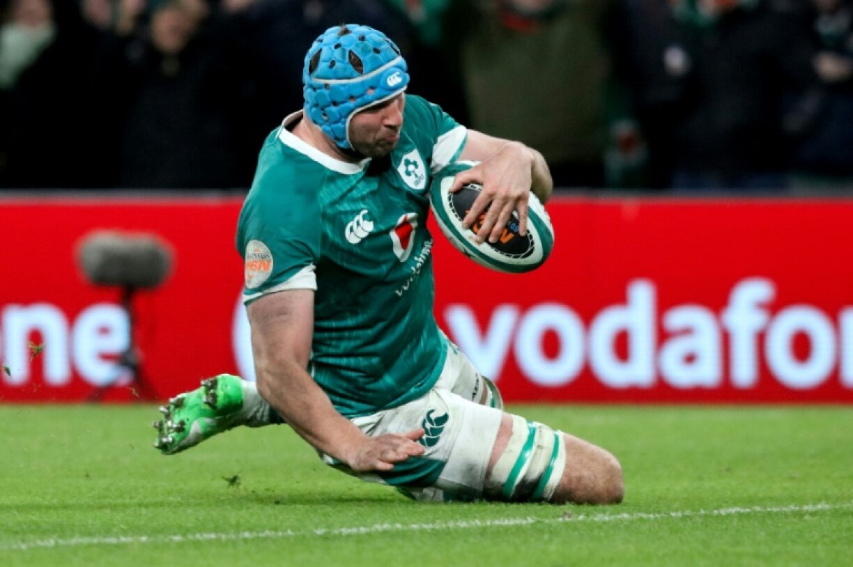 Ireland forward Tadhg Beirne scores a try during the Six Nations match against England in Dublin on February 1, 2025