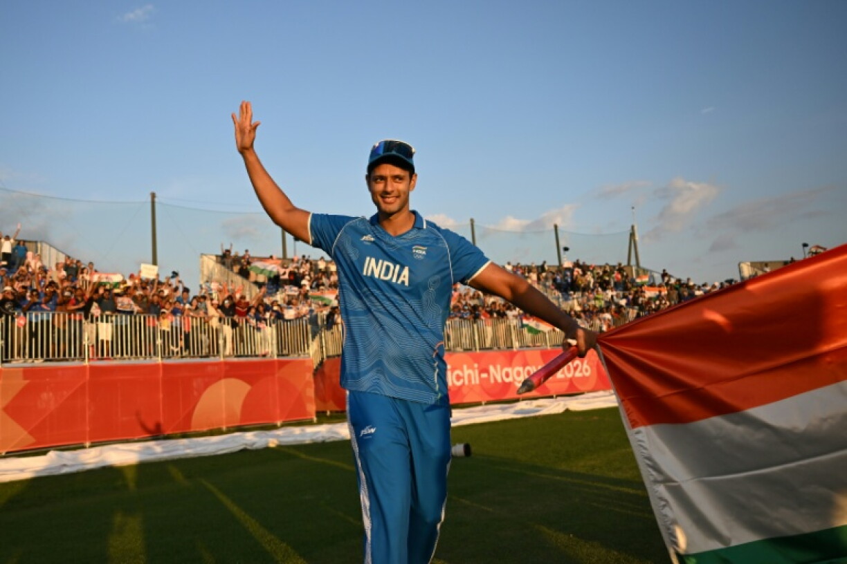 India's Shivam Dube acknowledges the crowd as India celebrate their victory