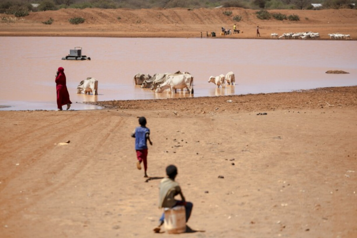 A young boy runs on a rapidly drying water pan, now the last water source for residents and their livestock, in Lulis village near Banissa, Kenya on January 20, 2026