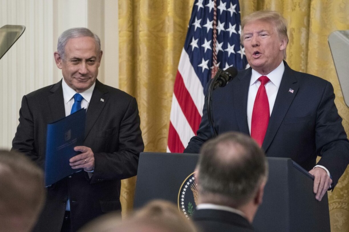 WASHINGTON, DC - JANUARY 28: U.S. President Donald Trump and Israeli Prime Minister Benjamin Netanyahu participate in a joint statement in the East Room of the White House on January 28, 2020