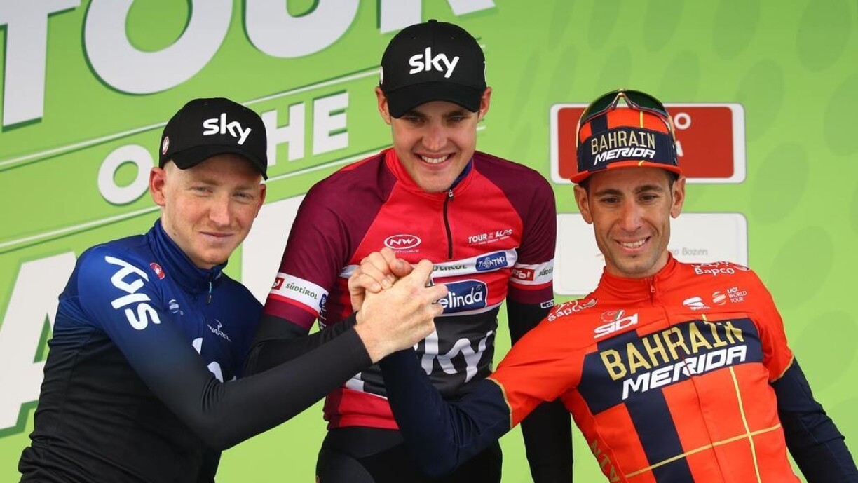 De Podium mam Tao Geoghegan Hart, dem Gewënner Paval Sivakov an dem Vincenzo Nibali. (vu lénks no riets)