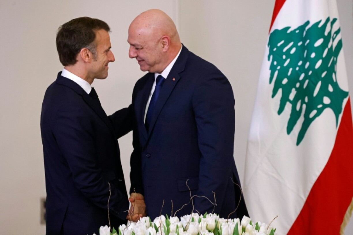 Lebanese President Joseph Aoun greets his French counterpart Emmanuel Macron at the presidential palace in Baabda, Lebanon on January 17