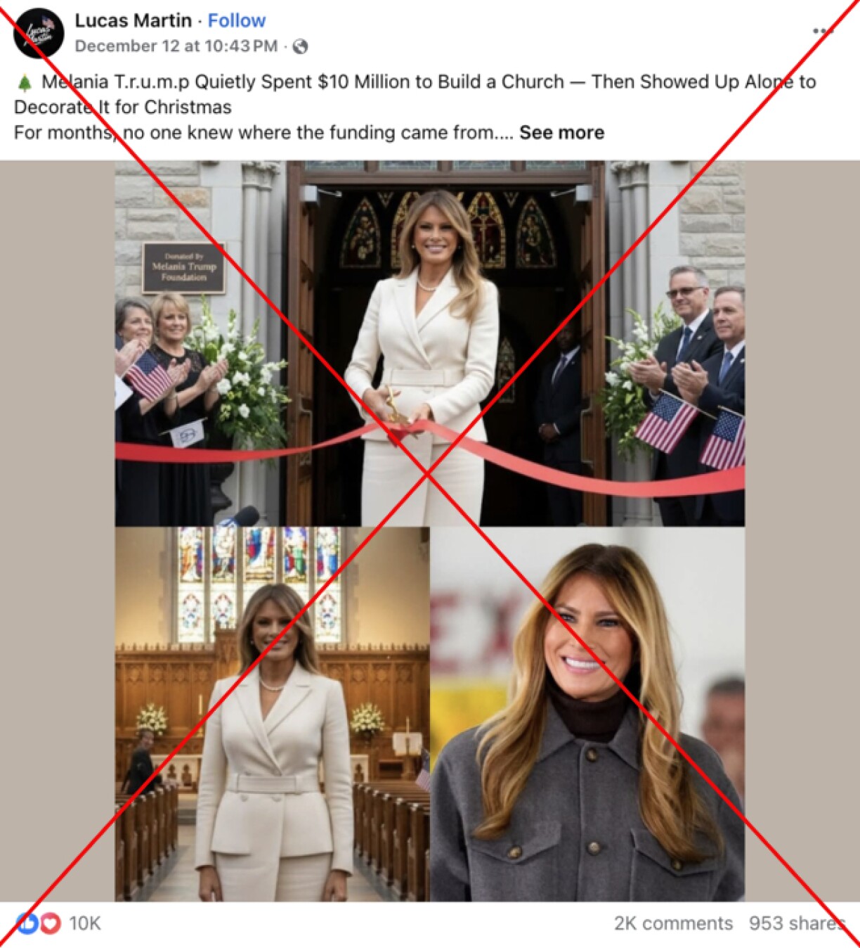 A screenshot taken December 31, 2025 of a Facebook post sharing fabricated content likely generated by artificial intelligence