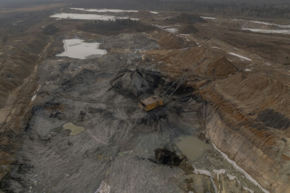 A dragline excavator operates in an open-pit titanium mine in the Zhytomyr region of Ukraine in February 2025