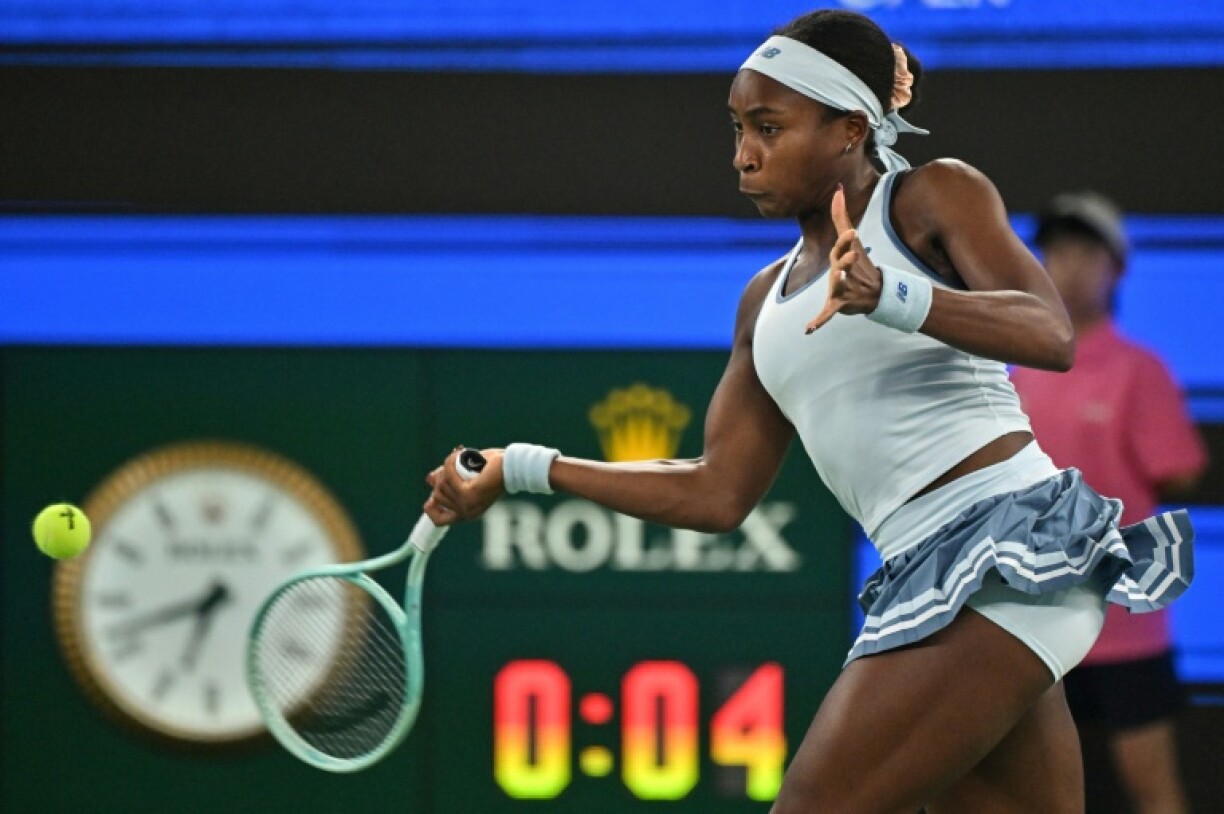 USA’s Coco Gauff hits a return to USA’s Jessica Pegula during the women’s singles final at the Wuhan Open tennis tournament in Wuhan, central China’s Hubei province on October 12, 2025.