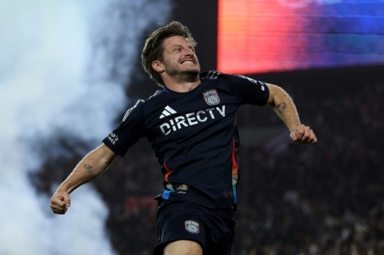 Anders Dreyer of San Diego FC celebrates after scoring a goal in a series-clinching MLS Cup playoff win over Portland Timbers