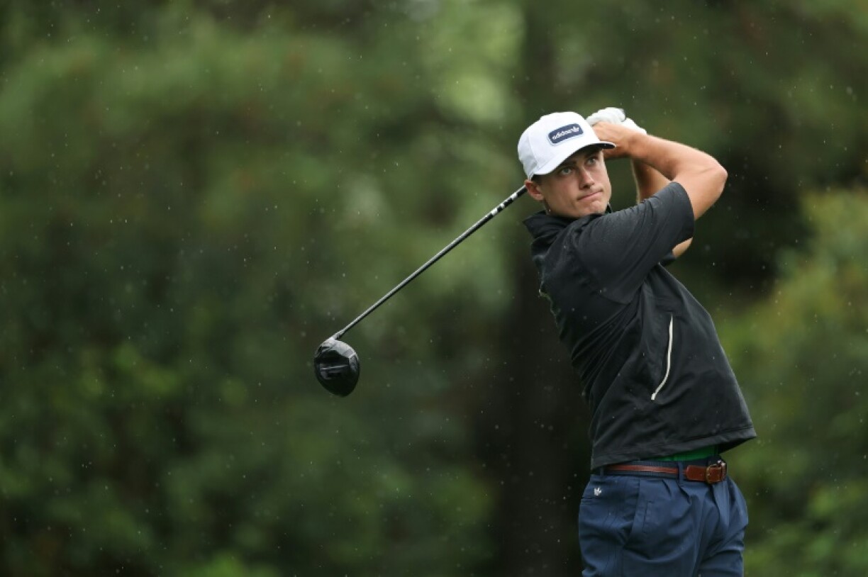 Sweden's Ludvig Aberg plays a shot during a practice round prior to the 2025 Masters at Augusta National