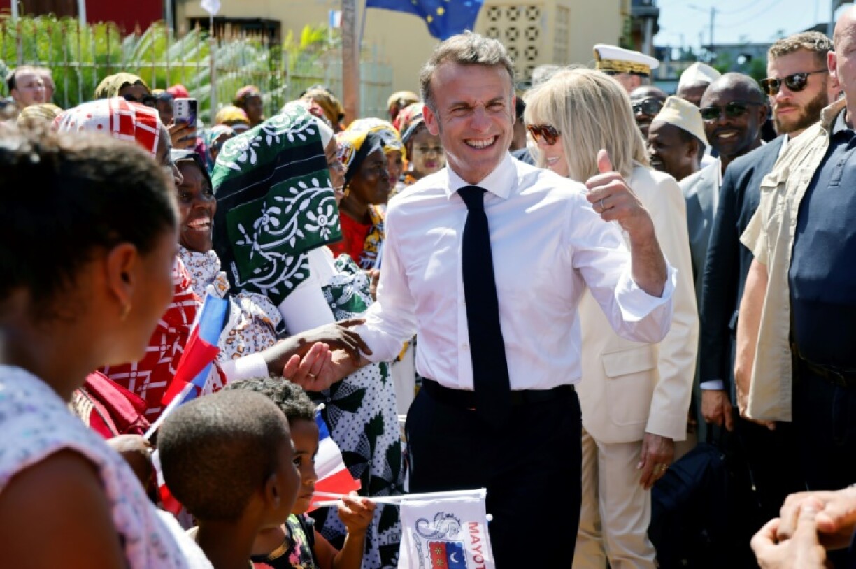 Macron greeted residents during a visit to the city of Tsingoni