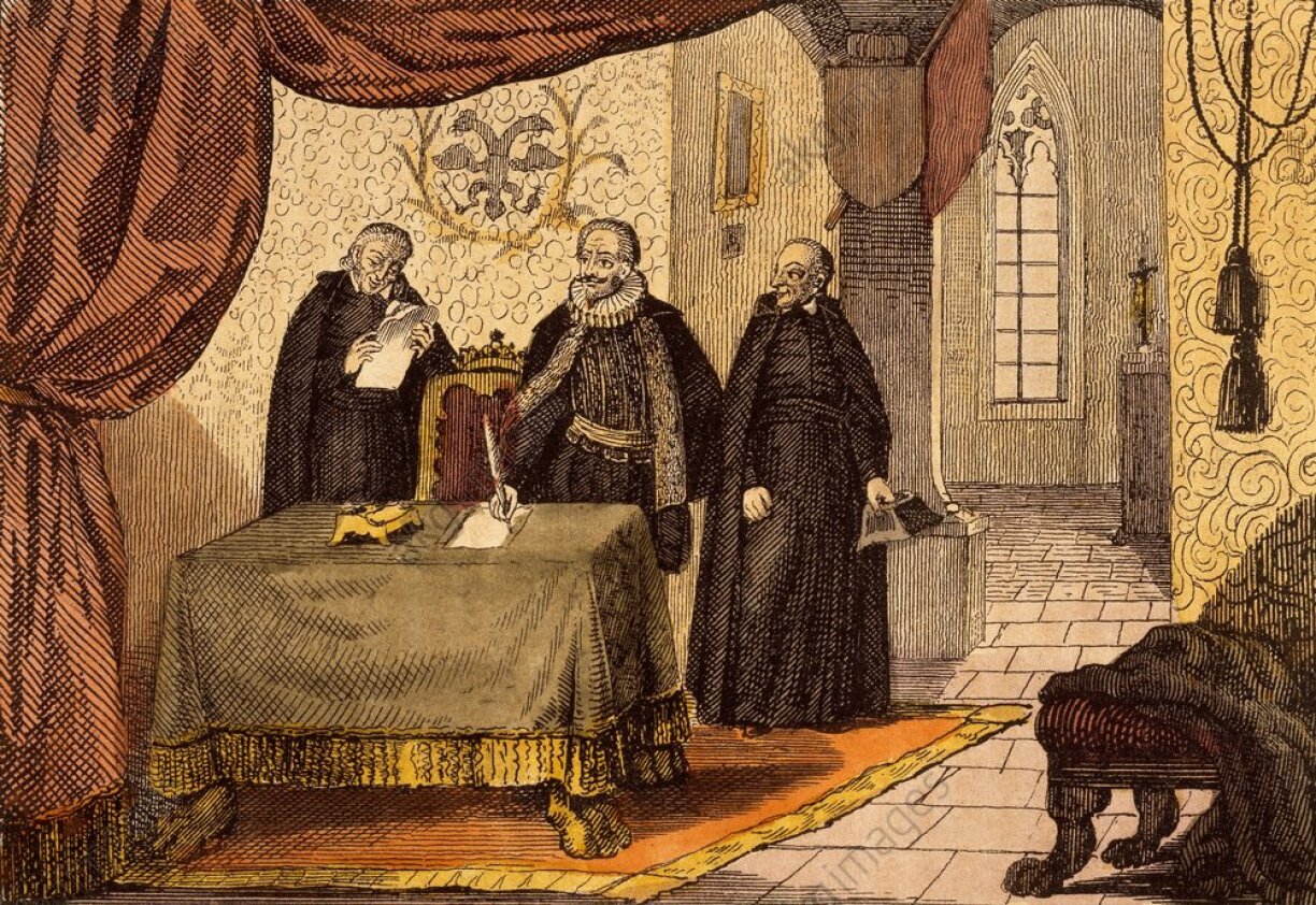 (Ferdinand III signs the Edict of Resitution / C: Berlin Sammlung Archiv für Kunst und Geschichte https://www.akg-images.de/archive/Kaiser-Ferdinand-II.-unterzeichnet-das-Restitutionsedict-2UMDHURGWQLV.html )