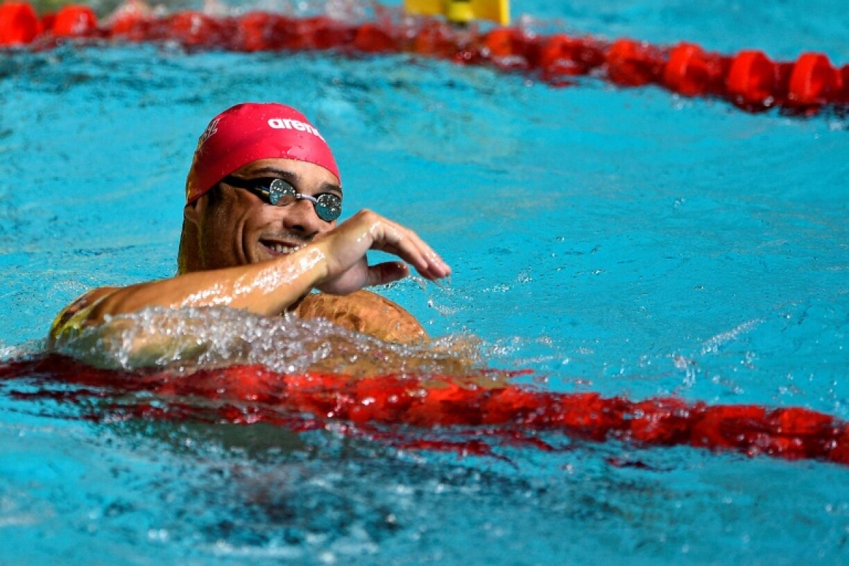 Le Français Florent Manaudou, après la finale du 50 m nage libre au meeting du Luxembourg, le 25 janvier 2020