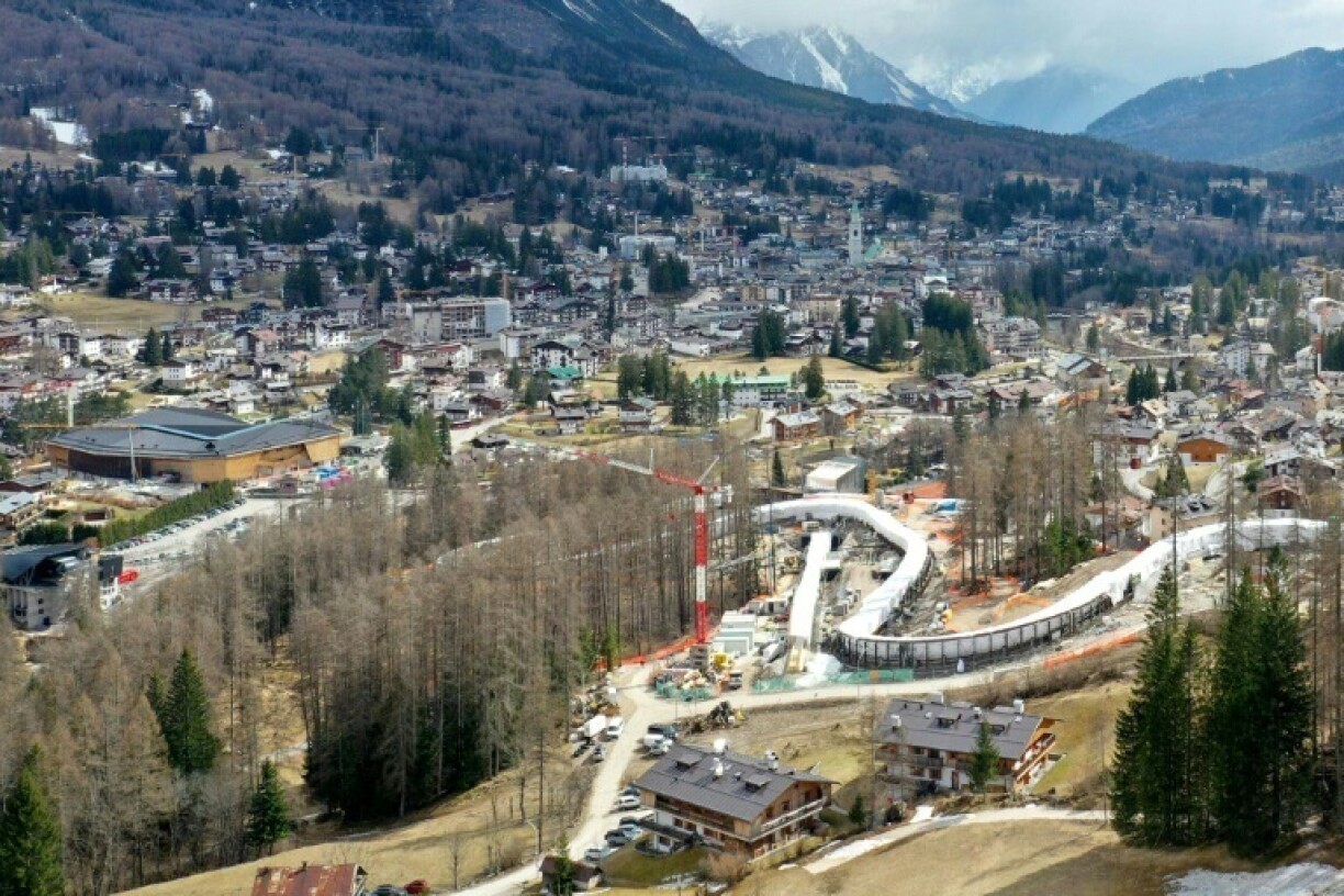 An aerial view of the new Cortina Sliding Centre for the 2026 Winter Olympics in Italy