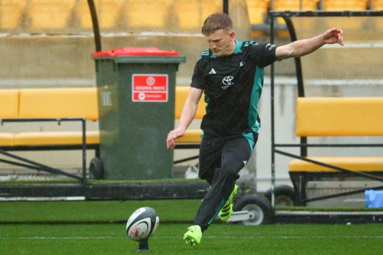 New Zealand's Damian McKenzie kicks the ball during the captain's run ahead of the second international against France in Wellington