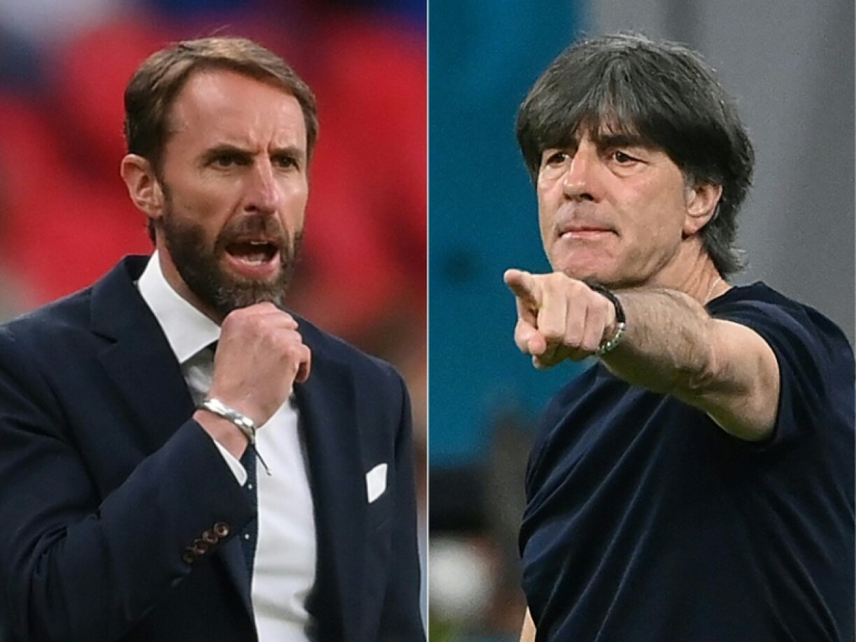 Combe réalisé le 27 juin 2021 à partir de photos des sélectionneurs de l'Angleterre Gareth Southgate (à gauce), à Londres le 22 juin 2021, et de l'Allemagne Joachim Löw à Munich le 15 juin 2021