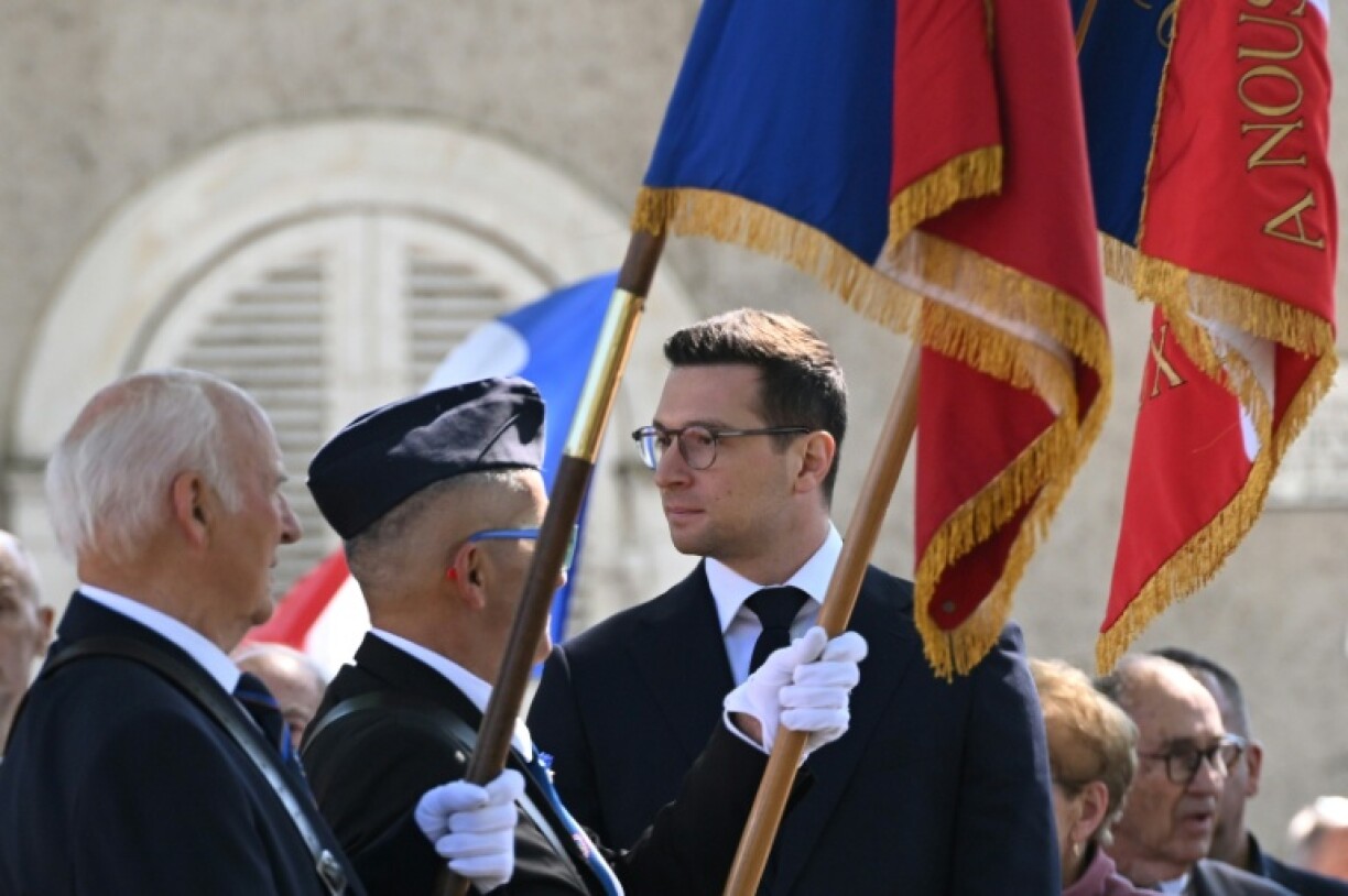 Le président du Rassemblement national Jordan Bardella lors des célébrations du 81e anniversaire de l'armistice du 8-Mai 1945, à La Flèche dans la Sarthe
