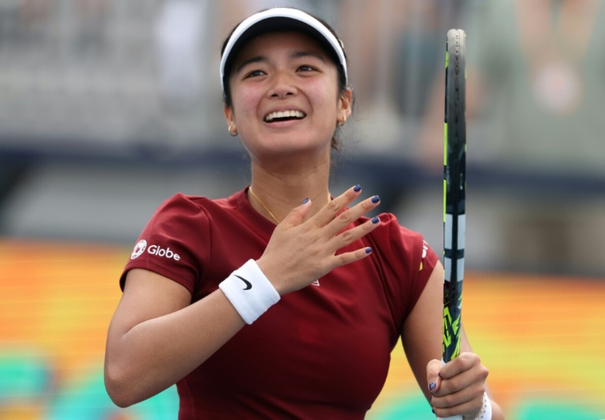 Alexandra Eala of Philippines celebrates her win against Madison Keys in the third round of the Miami Open on Sunday.