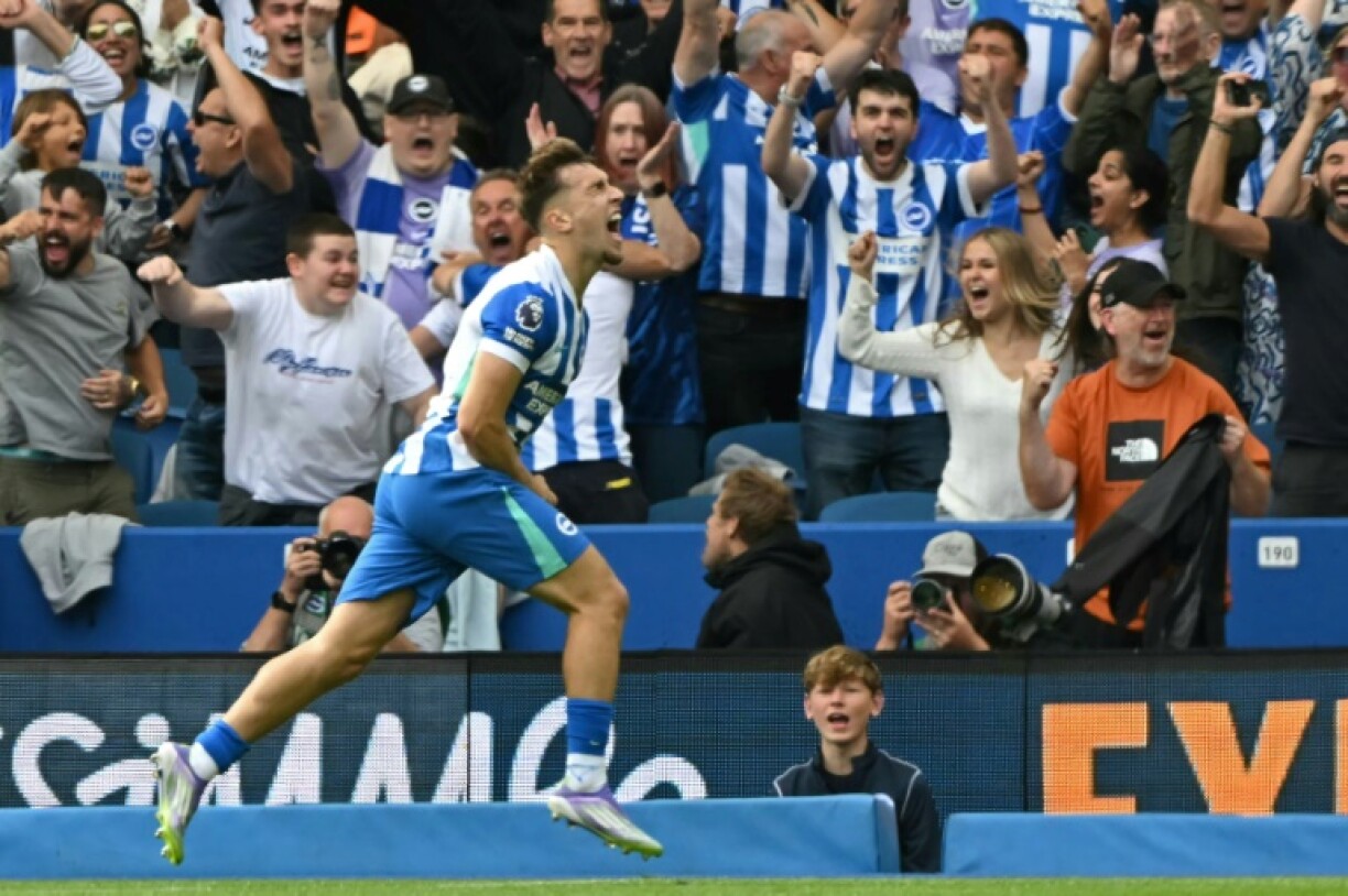 Brighton's Brajan Gruda celebrates scoring against Manchester City