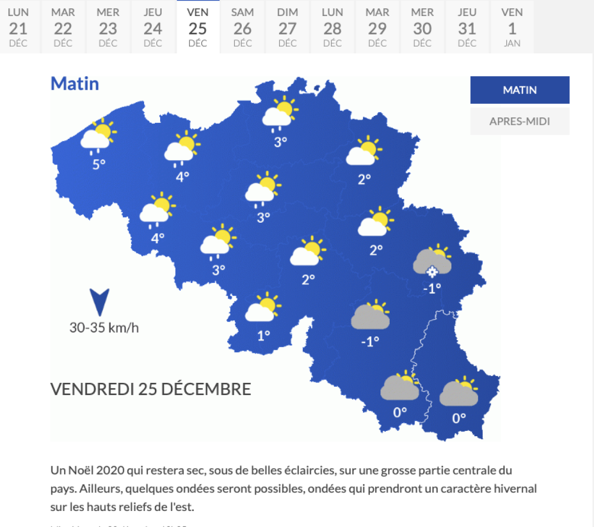Les prévisions pour la journée du 25 décembre en Belgique.