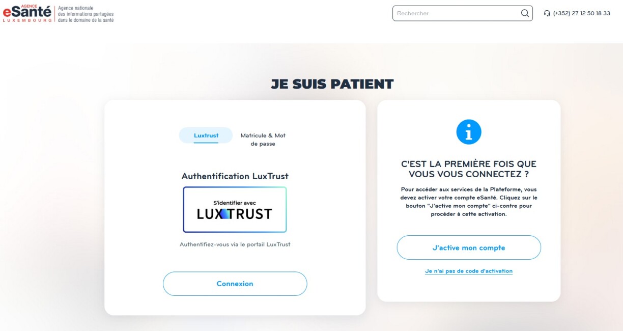 D'Säit, fir sech um Site vun der Agence eSanté anzeloggen.