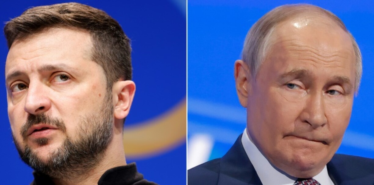 Combinaison de photos faite le 12 mai 2025 du président ukrainien Volodymyr Zelensky (à gauche, le 11 juin 2024 à Berlin) et de son homlogue russe Vladimir Poutine (le 18 mars 2025 à Moscou)