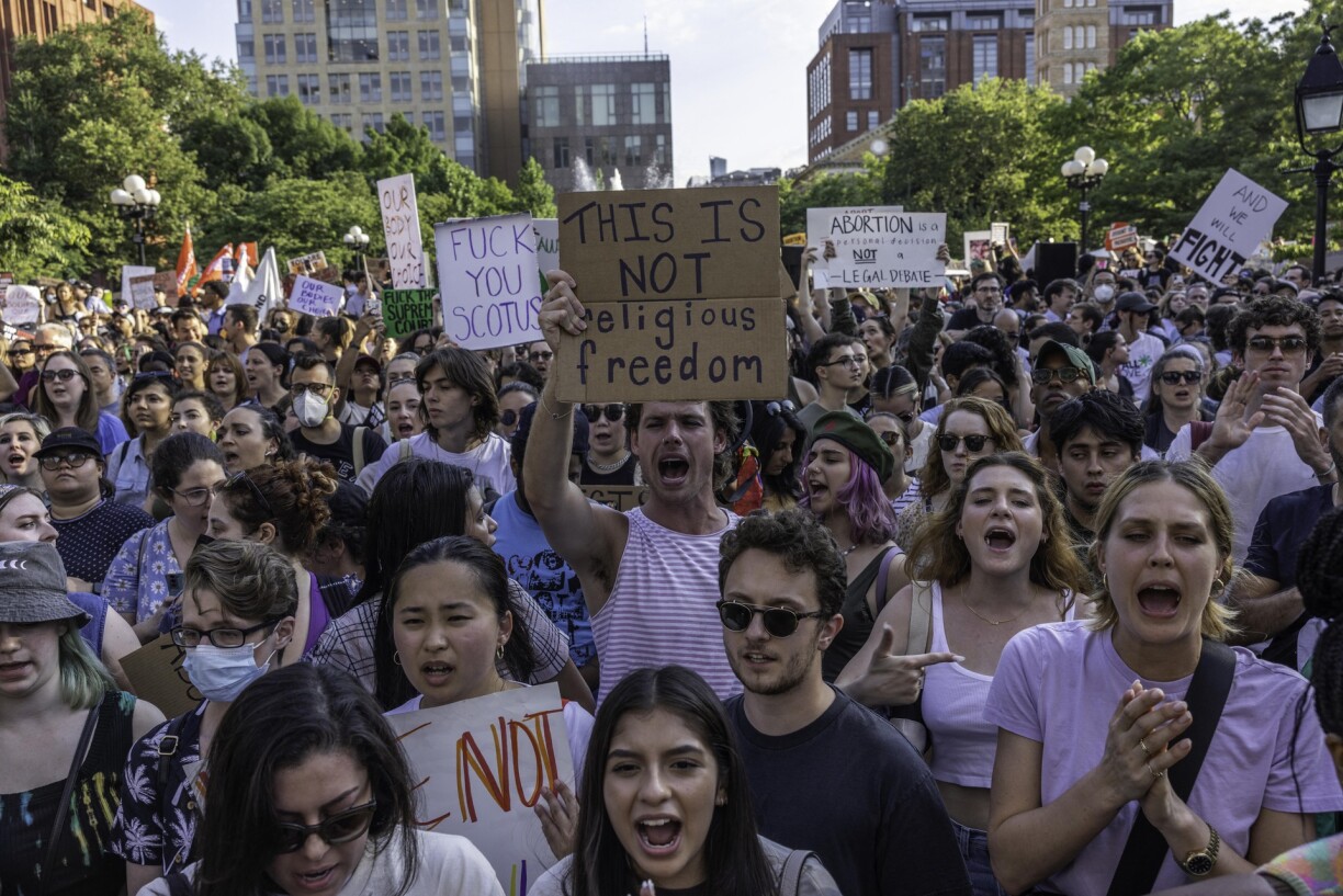 bortion rights activist march from Washington Square Park to Bryant Park while protesting the overturning of Roe Vs. Wade by the US Supreme Court, in New York, on June 24, 2022.