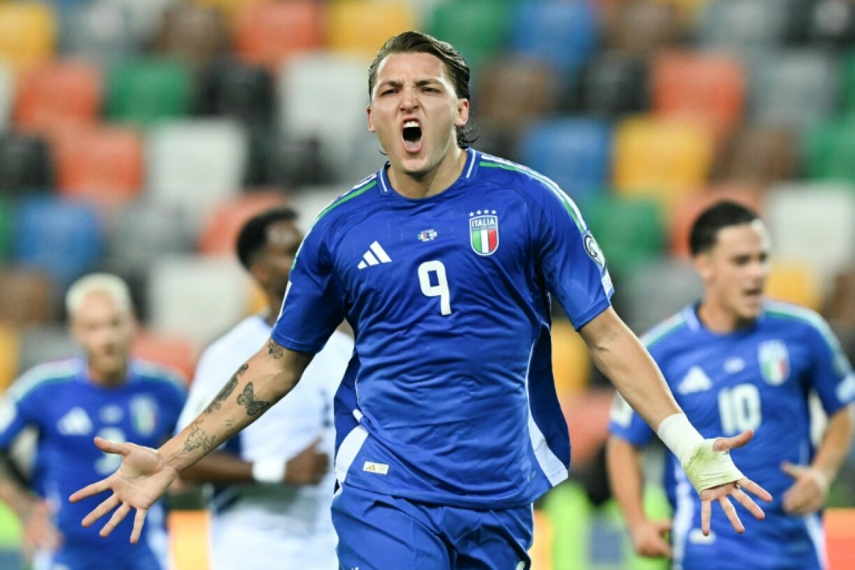 L'attaquant de l'Italie Mateo Retegui après son but contre Israël lors du match de qualification pour le Mondial-2026 le 14 octobre 2025 à Udine