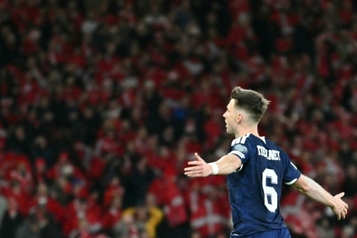 Scotland's Kieran Tierney celebrates scoring against Denmark as Steve Clarke's side reached the World Cup
