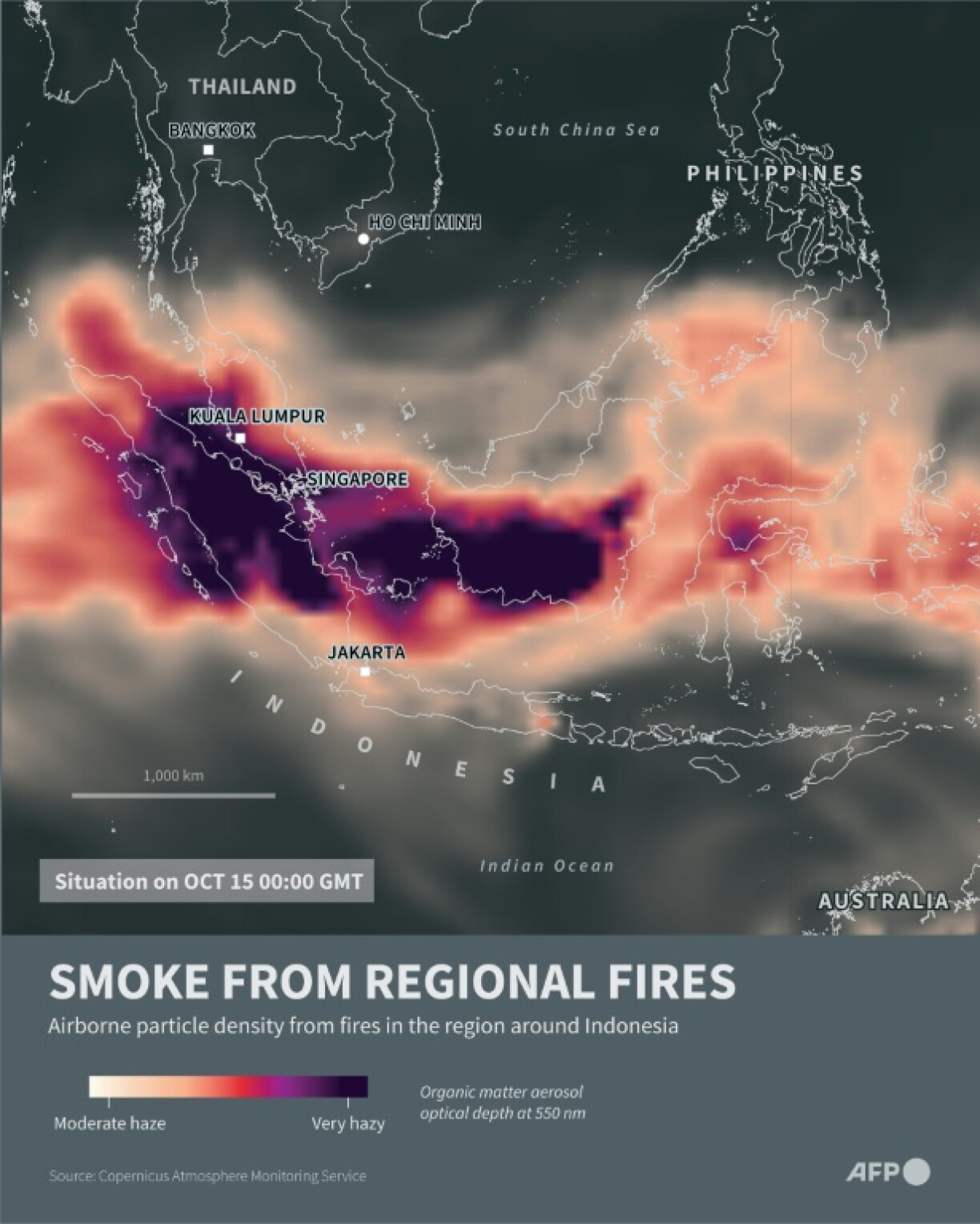 Infographic showing the level of haze in the region around Indonesia according to CAMS data