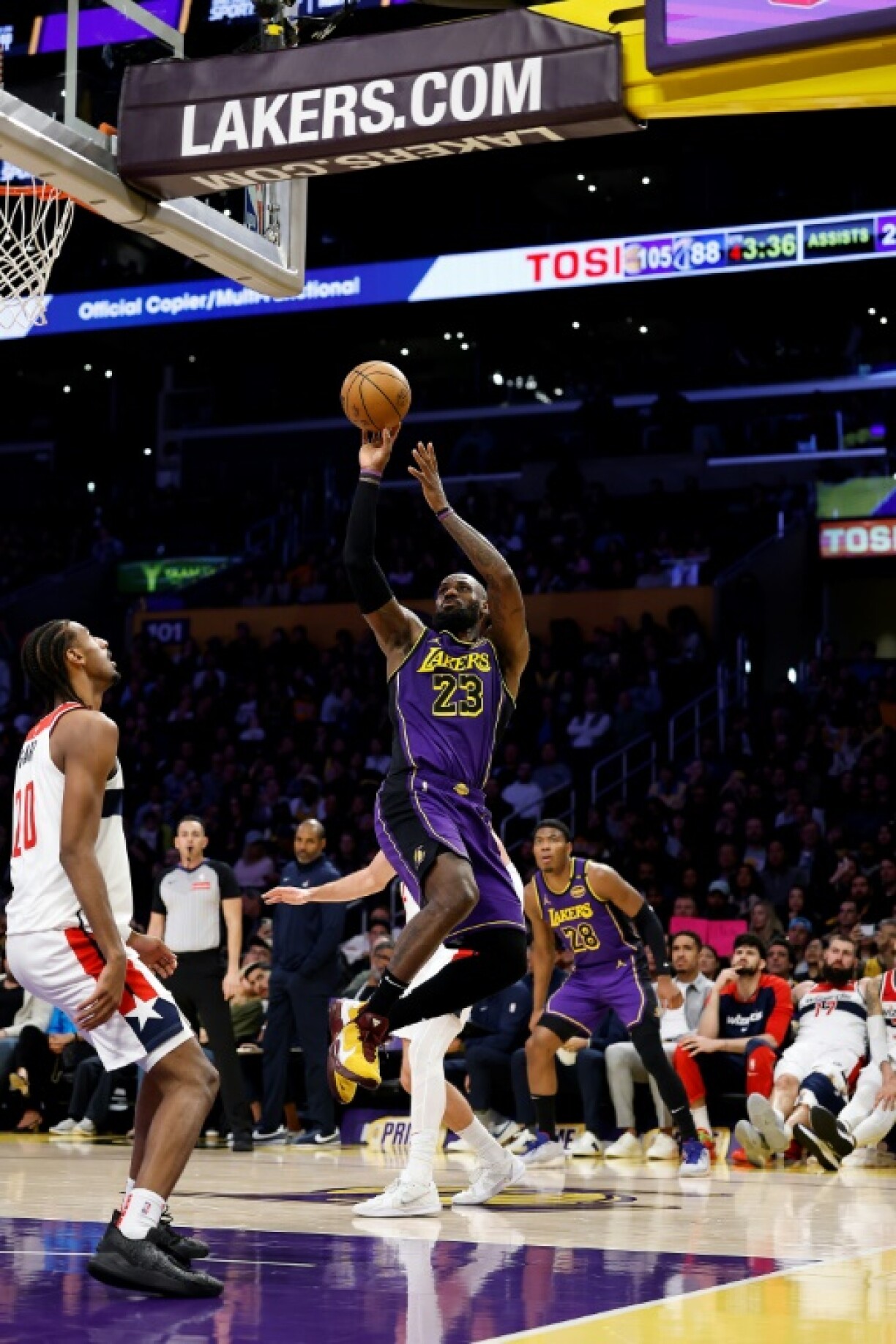 Los Angeles Lakes star LeBron James unleashes a shot in the Lakers' NBA victory over the Washington Wizards